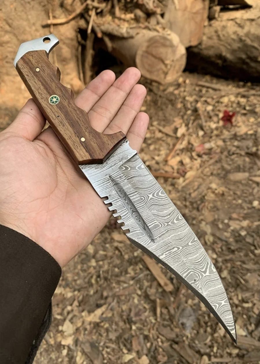Handmade Damascus Steel Hunting & Survival Knife with Ergonomic Wooden Handle