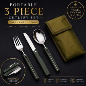 3 Piece Folding Cutlery Set – Portable Fork Knife Spoon with Carry Pouch
