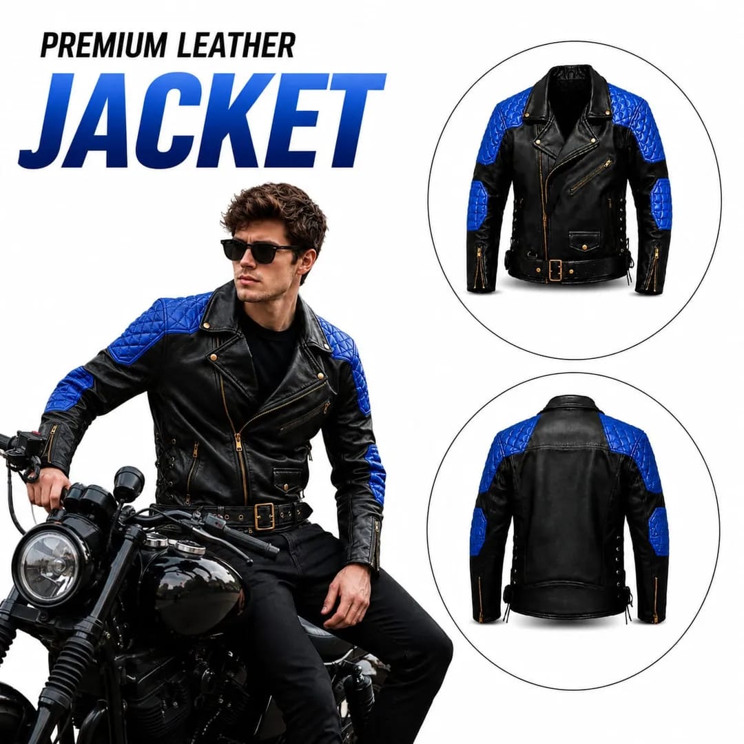 Premium Black & Blue Genuine Leather Motorcycle Biker Jacket - Image 3