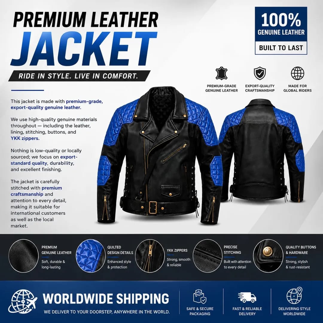Premium Black & Blue Genuine Leather Motorcycle Biker Jacket - Image 2
