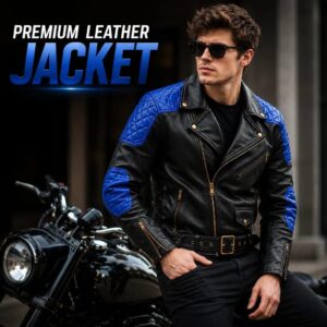 Premium Black & Blue Genuine Leather Motorcycle Biker Jacket