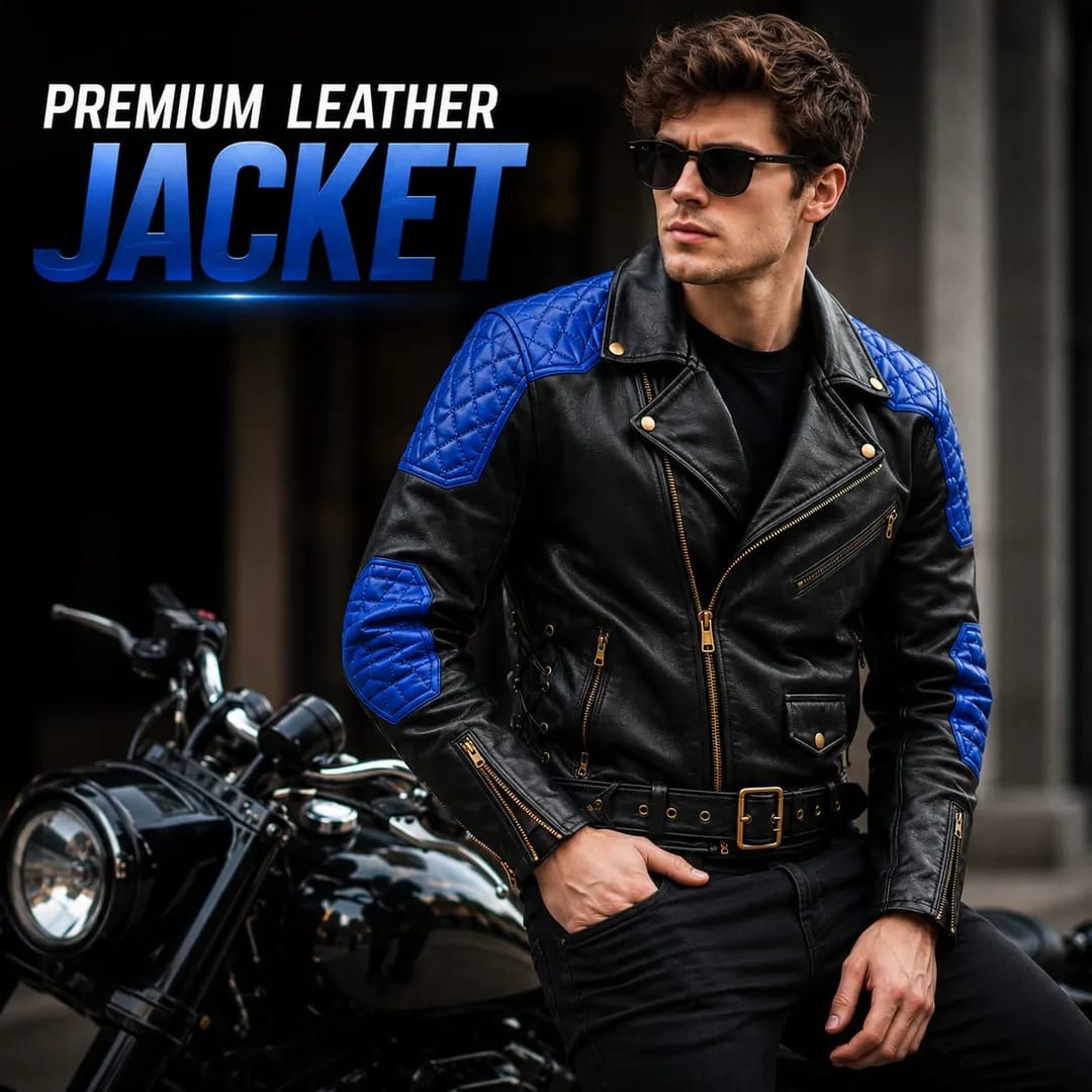 Premium Black & Blue Genuine Leather Motorcycle Biker Jacket