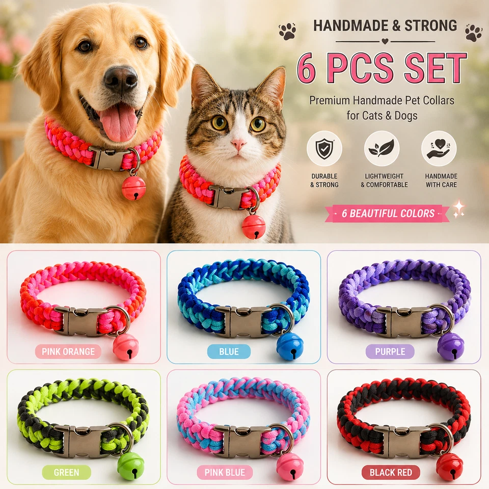 Handmade Paracord Bell Pet Collar With 5 FT Leash Set 6 Colors For Dog Cat