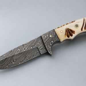 Carved Bone Handle Damascus Artwork Knife